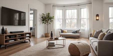 Home Design Living Room Modern Sofa TV Plant White Wallの素材