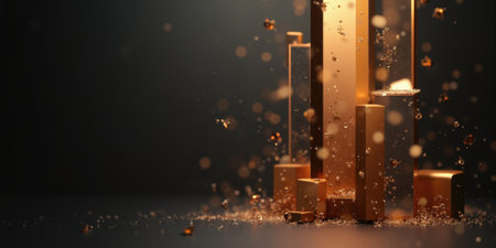 Abstract geometric shapes in metallic gold and copper float weightlessly across a matte black surface, their sharp edges softenedの素材