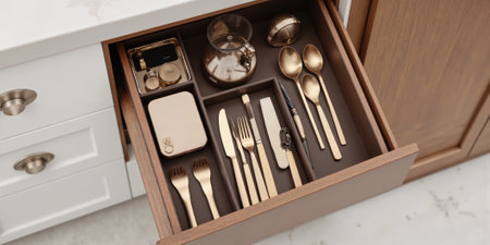 A chic mocha mousse and gold-accented utensil organizer tray inside a drawer, filled with polished cutlery and elegant kitchen toolsの素材