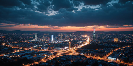 Solar-Powered Smart City at Night A breathtaking aerial view of a futuristic city at dusk, illuminated by energy-efficient LED lights poweredの素材