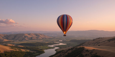 A single hot air balloon floating silently above a wide, verdant valley filled with patches of trees and winding rivers. The sky isの素材