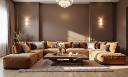 A luxurious living room with walls painted in mocha mousse, featuring a soft, oversized caramel-coloredの素材