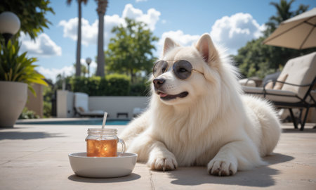 A fluffy Samoyed lying on a cool stone patio, wearing stylish aviator sunglasses, with a refreshing drink in a bowl.の素材