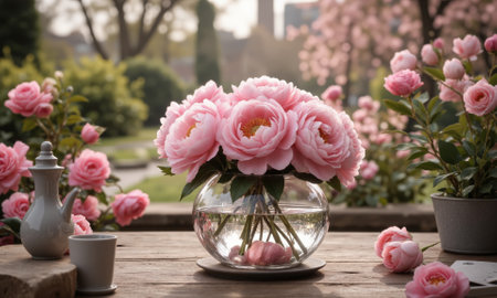 Enchanted Garden (Peonies Garden Roses Sweet Peas) round, crystal vase filled with soft pink water, holding an enchantingの素材