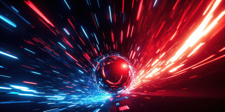 Cyberpunk Red and Blue Energy Clash - A bold and futuristic digital composition featuring streaks of glowing red and electricの素材