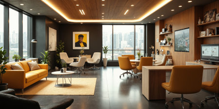 AI-powered training room with virtual assistants managing presentations, interactive touchscreens, and modern furniture. The room features comfortable, ergonomic seating, taskの素材