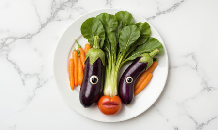 eggplant zucchini tomato carrot spinach arranged into a whimsical face on a white plate, with eggplant for eyes, zucchini for lips, and spinach forの素材