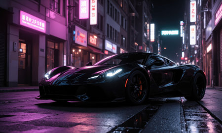 A sleek black sports car parked in a dark alley illuminated by neon lights, showcasing its aerodynamic curves and polishedの素材