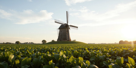 A single, tall windmill standing in a vast green field, with rows of crops stretching into the distance. The sky is a paleの素材