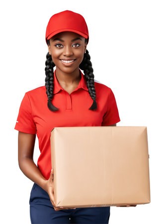 Delivery driver, female, African American, 25 years old, with braided black hair and brown eyes, wearing a red uniform andの素材
