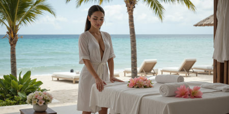 Beachfront Massage, Relaxation Retreat, Wellness Escape A relaxing beachfront massage setup with a massage table draped in soft linen, surroundedの素材