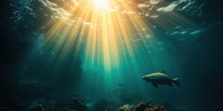 Underwater Sunlight Rays Through Clear Blue Water A serene underwater scene capturing golden sunlight beams piercing through crystal-clear turquoise watersの素材