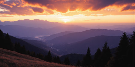 Layered Valley Dusk Rolling hills fade into distant mountain ranges under spectacular sunset sky, creating layers of silhouettes in progressivelyの素材