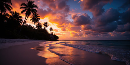 Tropical Paradise Sunset A pristine beach with swaying palm trees silhouetted against a spectacular sunset. The sky transitions from deepの素材