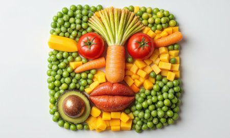 peas mango carrot tomato avocado artistically arranged into a creative face, with peas for the eyes, carrot for lips, and avocado for hair. High-qualityの素材