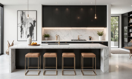 A modern kitchen island with a marble countertop in shades of grey and white, complemented by matte black cabinetry and gold handles.の素材