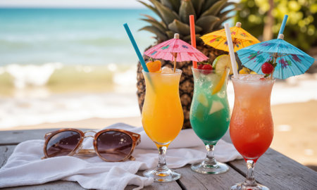 Tropical Beach Drinks A refreshing close-up of tropical drinks in colorful glasses with paper umbrellas and fruit garnishes, placed on a tableの素材