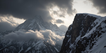 Mountains Cloudscape Peak: Dramatic sunset view snow-covered alpine peak, showcasing stunning clouds and rocky cliff.の素材