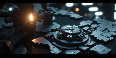 Cryptographic Lock, 3D puzzle mechanism with rotating blockchain gears, glowing keyhole, industrial designの素材