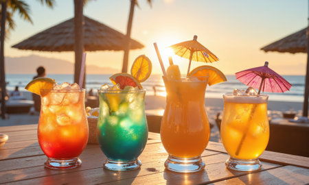 Seaside Drinks, Sunset Vibes, Chill Atmosphere A collection of colorful cocktails with citrus garnishes and umbrellas, set on a beach table withの素材