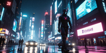 Cyberpunk City Rain Futuristic Figure Walks in Neon Lit Rainy Cityscape at Nightの素材