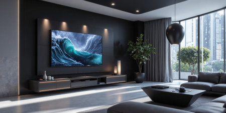 Modern Living Room TV Art Contemporary apartment with ocean wave art on television black wall grey couch city viewの素材