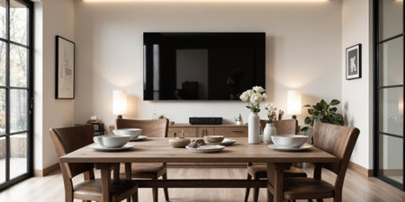 Dining Table Home Decor Interior wooden table chairs white bowls modern dining roomの素材