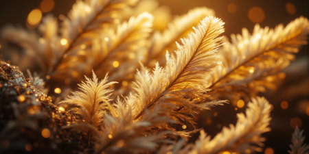 Gilded Feather Texture with Soft Golden Highlights A luxurious macro close-up of delicate golden feathers, with fine details catching softの素材