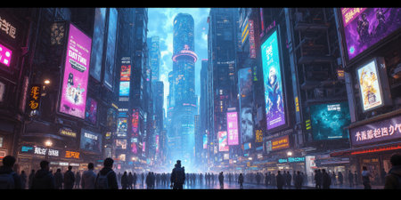 Cyberpunk City Crowds Neon: People browse nighttime, bustling downtown, lit by neon ads for entertainment.の素材