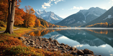 Lake Mountains Autumn Reflection in Calm Water on Rocky Shore with Colorful Treesの素材