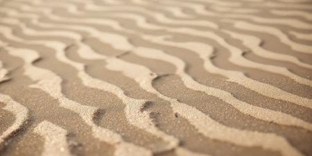 Monochromatic Beach Textures Close-up of pristine shoreline sand with gentle water ripples creating abstract linear patterns in subtle beige paletteの素材