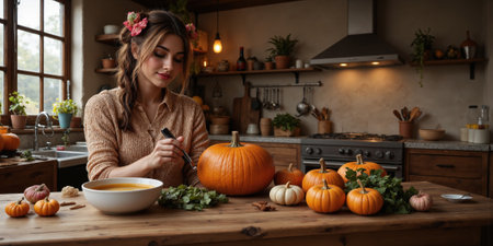 An autumn morning in a rustic kitchen, where a woman is preparing a pumpkin soup, with fresh pumpkins, herbs, and spices spreadの素材