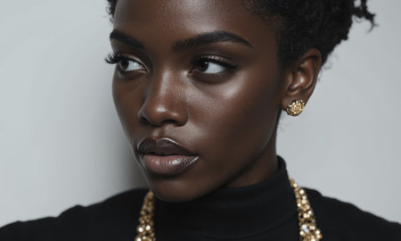 Portrait Black Woman Jewelry Studio Fashion Photography: Headshot, neutral background, contemporary style, showcasing beauty and elegance.の素材