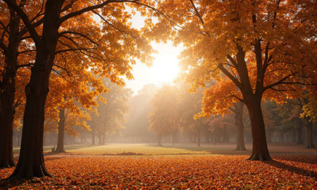 A serene autumn landscape with mocha mousse-colored trees and rich earthy tones. The soft sunlight filters through the branches, castingの素材