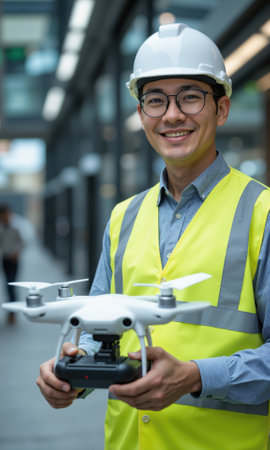 Asian Male Engineer Holding Drone Remote Control 40s man, safety vest, holding drone remote control focused operation tech, transparent bgの素材