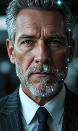 White Male Pattern Recognition White man, 40s, systemic-sight attire, connecting invisible dots, illuminated expression, .の素材