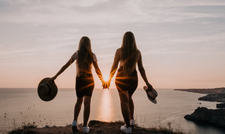 Two Silhouettes Holding Hands at Sunset