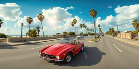 A vibrant, classic red convertible car, top down, cruising leisurely down a sun-drenched coastal highway, lush green palm trees swaying gentlyの素材