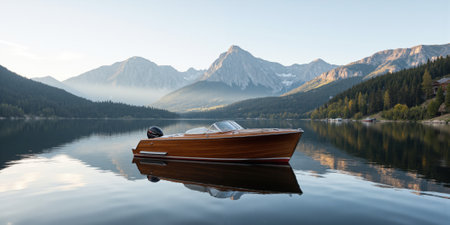 A small wooden boat floating on a calm lake, perfectly reflecting a misty mountain range in soft morning light.の素材