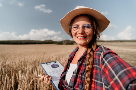 Smiling Female Farmer Taking a Selfie in a Wheat Fieldの写真素材