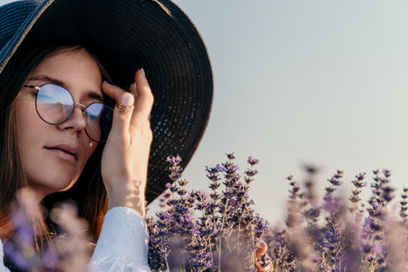 Young Woman in a Lavender Field Wearing a Hat and Sunglassesの写真素材
