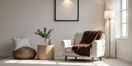 Mocha Musse-toned decorative throw blanket draped over a sleek modern armchair with slender wooden legs. The deep brown tones ofの素材