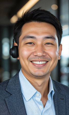 Asian Male Customer Success Manager Asian man, 30s, business casual, friendly expression with headset, bright lighting.の素材
