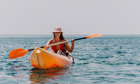 Woman Kayaking Sea Ocean Waterの写真素材