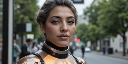 Senior AI-Optimized Luxury Tech Clothing - A South Asian elderly woman modeling a wearable AI technology outfit designed to monitorの素材