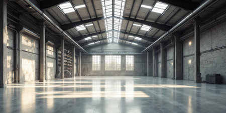 Warehouse Industry Interior Sunlight streams into empty industrial warehouse with concrete walls and metal beamsの素材