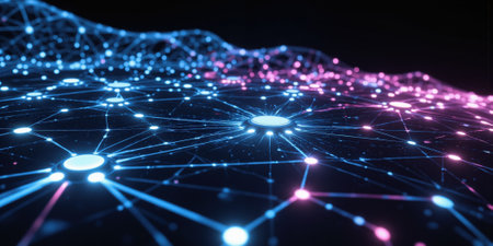Abstract representation of data flowing through a network of luminous, interwoven circuits and pulsating nodes arranged in intricate geometric patterns with vibrantの素材