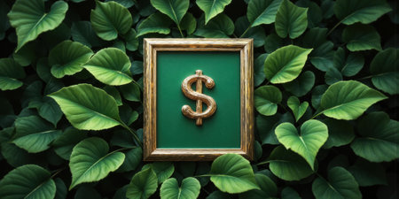 Green Business golden frame and green leaves a golden frame surrounding green leaves, with a dollar sign.の素材