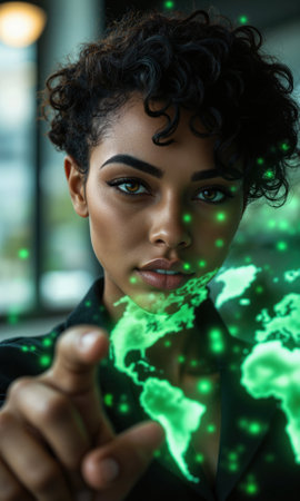 Black female entrepreneur with short, natural curls, confidently looking at the camera while pointing toward digital projections of a greenの素材