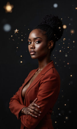 A Black female entrepreneur in rich mahogany, arms folded while stars emerge from her back into ad metrics, symbolizing destinyの素材